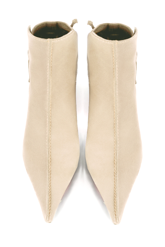 Champagne beige women's ankle boots with laces at the back. Pointed toe. High spool heels. Top view - Florence KOOIJMAN